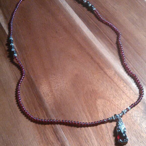 Simulated Ruby and Genuine Mozambique Garnet Silvertone Dragon Pendant Necklace - Picture 3 of 13